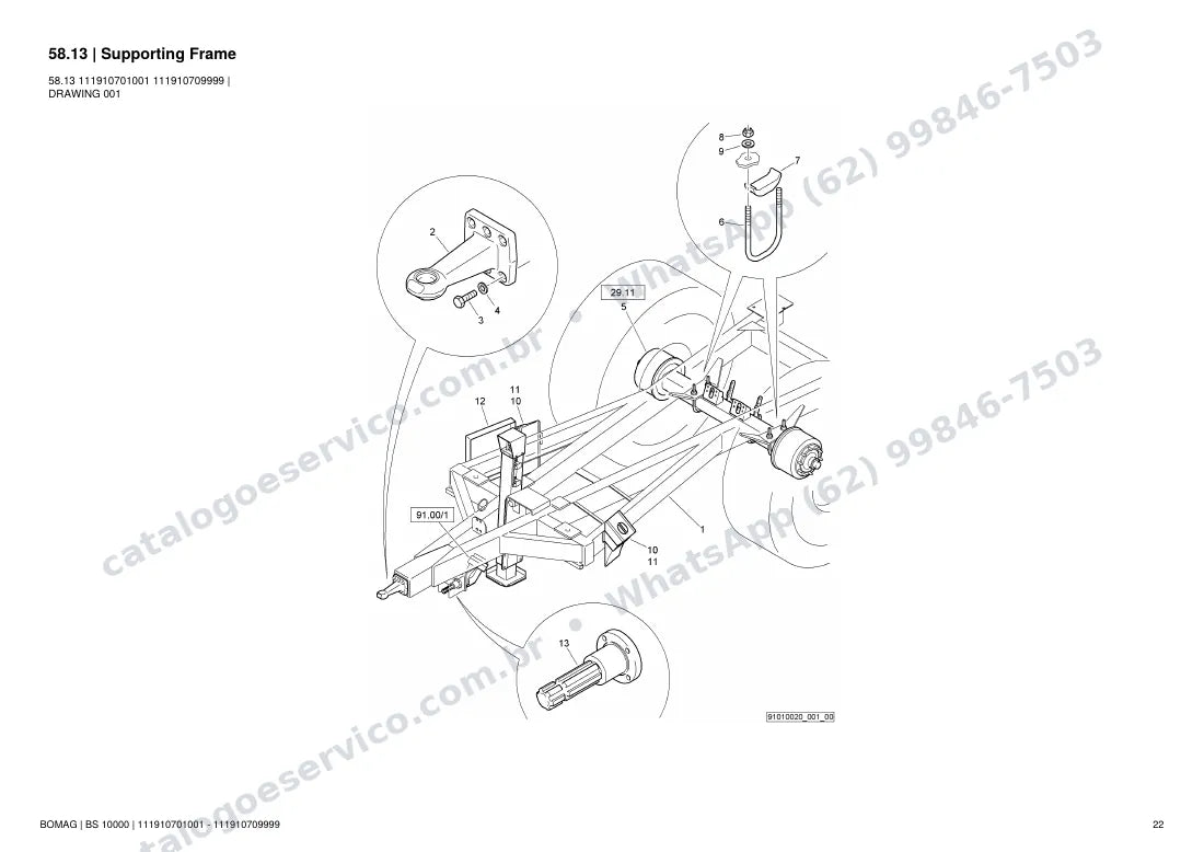 Catálogo de peças Bomag BS 10000: vista explodida do conjunto 58.13 Supporting Frame