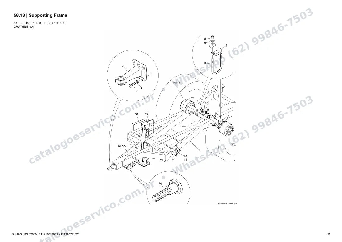 Catálogo de peças Bomag BS 12000: vista explodida do conjunto 58.13 Supporting Frame