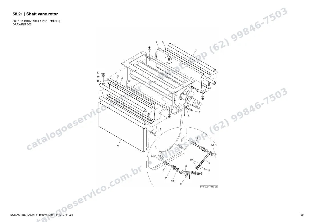 Catálogo de peças Bomag BS 12000: vista explodida do conjunto 58.21 Shaft vane rotor
