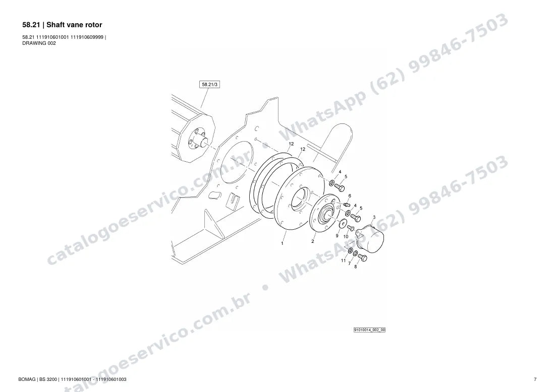 Catálogo de peças Bomag BS 3200: vista explodida do conjunto 58.21 Shaft vane rotor