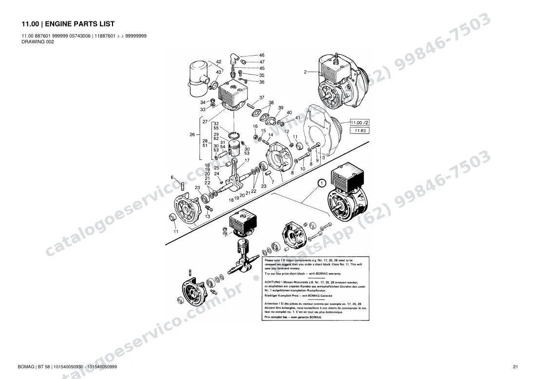 Catálogo de peças Bomag BT 58: vista explodida do conjunto 11.00 ENGINE PARTS LIST