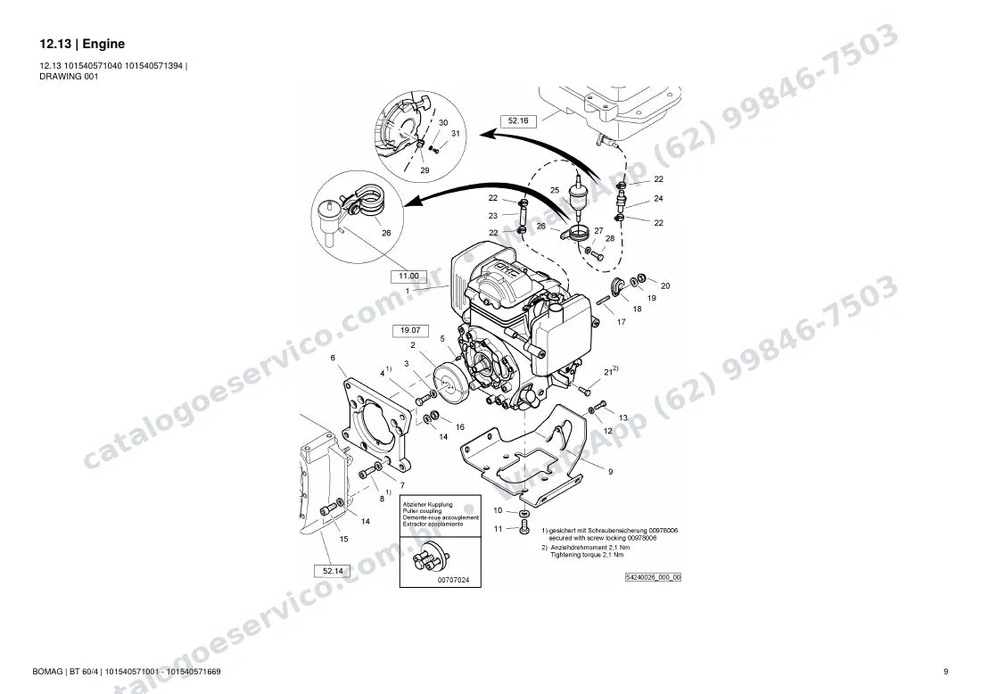 Catálogo de peças Bomag BT 60/4: vista explodida do conjunto 12.13 Engine