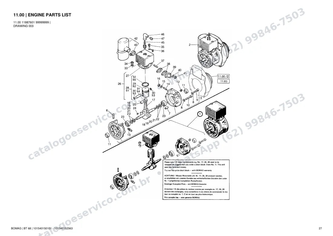 Catálogo de peças Bomag BT 68: vista explodida do conjunto 11.00 ENGINE PARTS LIST