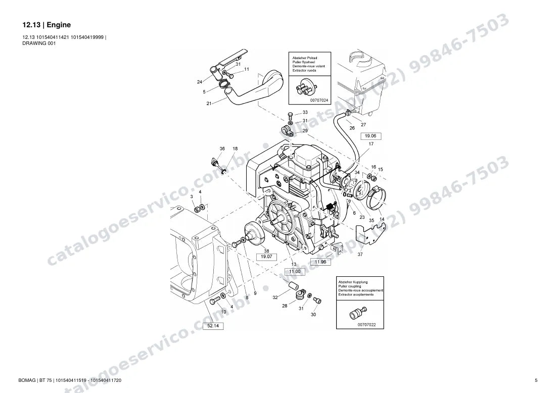 Catálogo de peças Bomag BT 75: vista explodida do conjunto 12.13 Engine