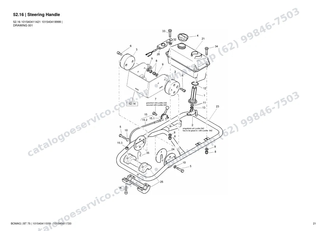 Catálogo de peças Bomag BT 75: vista explodida do conjunto 52.16 Steering Handle