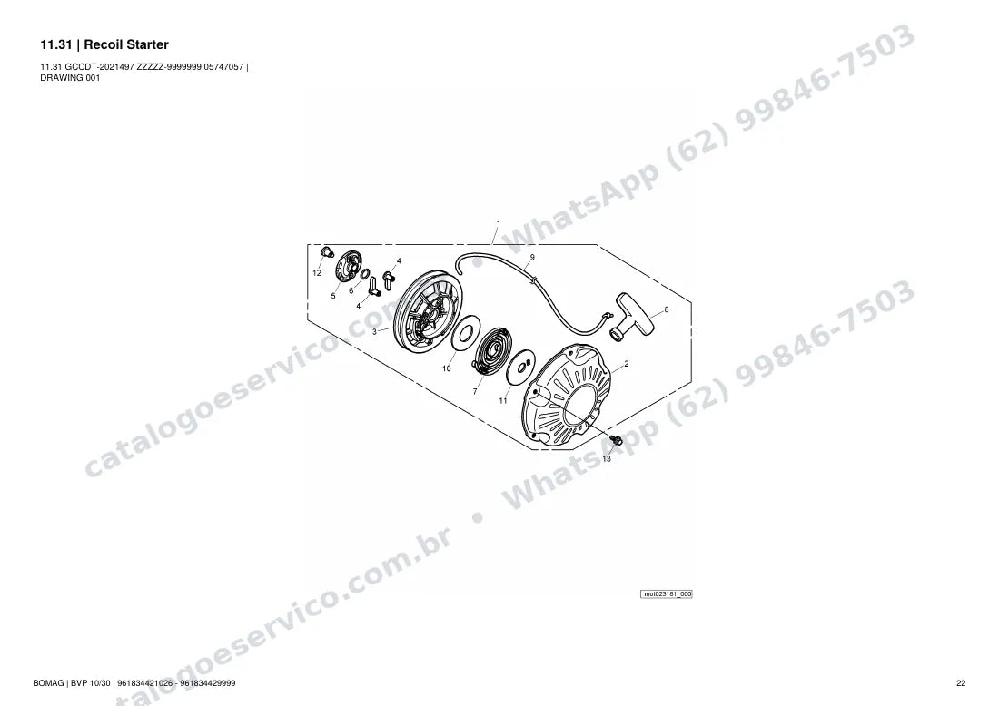 Catálogo de peças Bomag BVP 10/30: vista explodida do conjunto 11.31 Recoil Starter