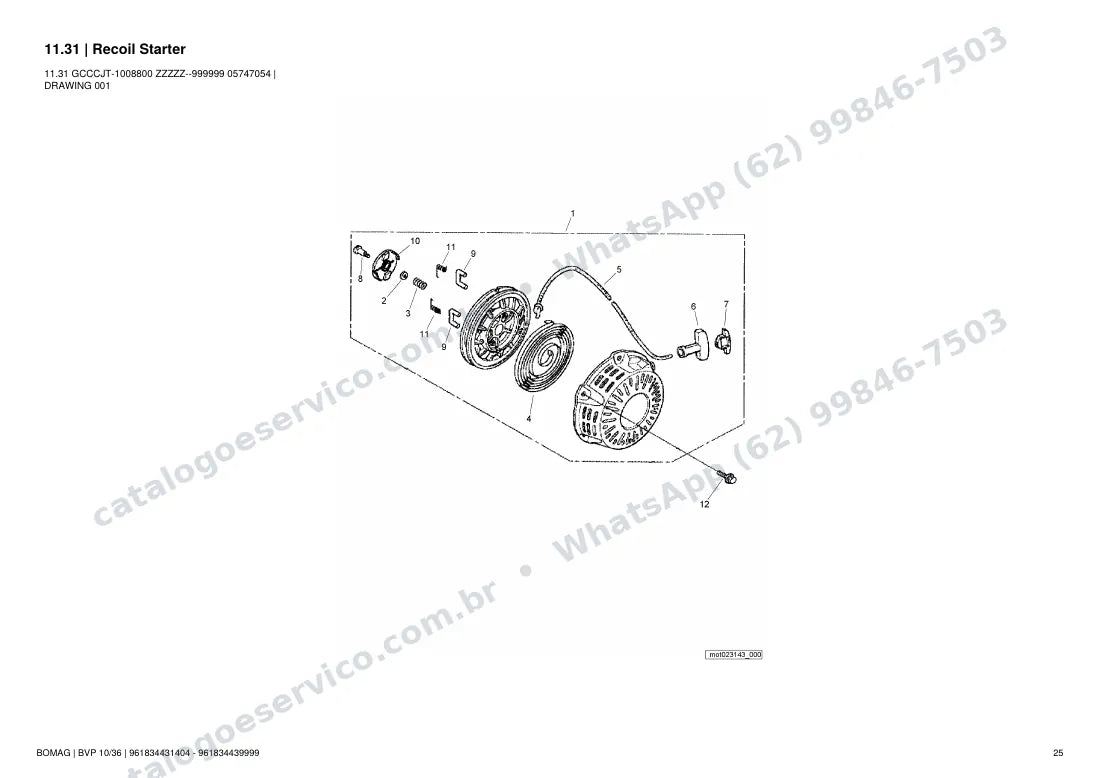 Catálogo de peças Bomag BVP 10/36: vista explodida do conjunto 11.31 Recoil Starter