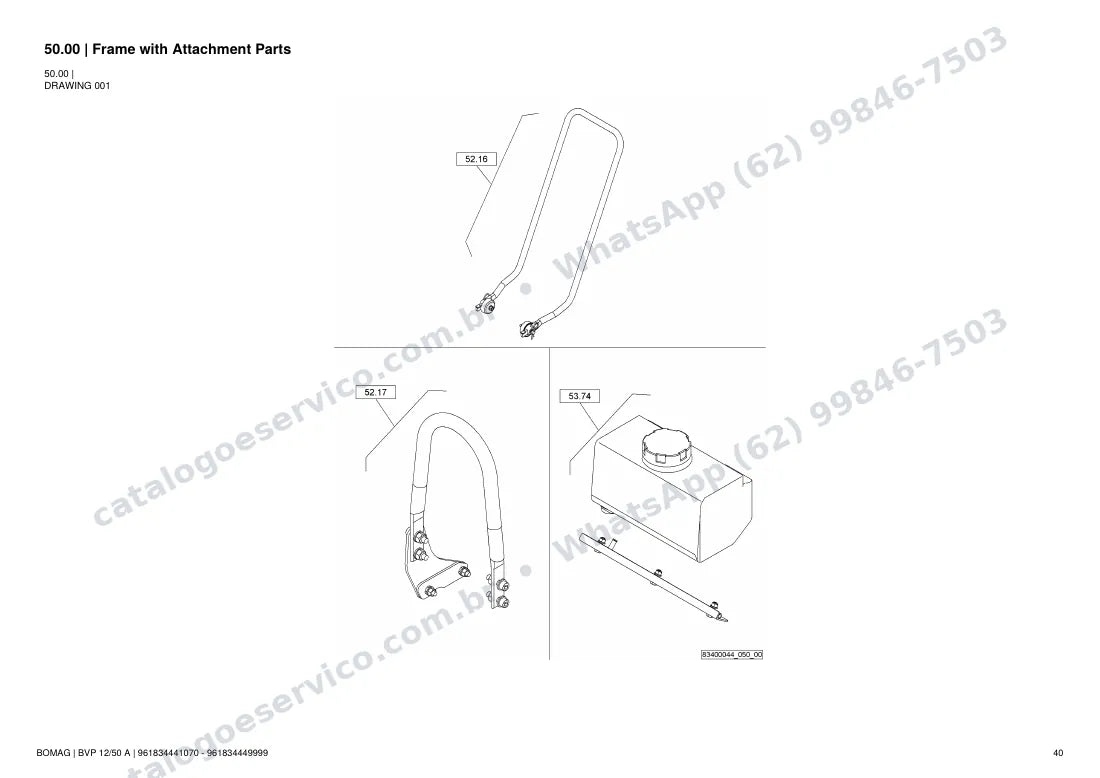 Catálogo de peças Bomag BVP 12/50 A: vista explodida do conjunto 50.00 Frame with Attachment Parts