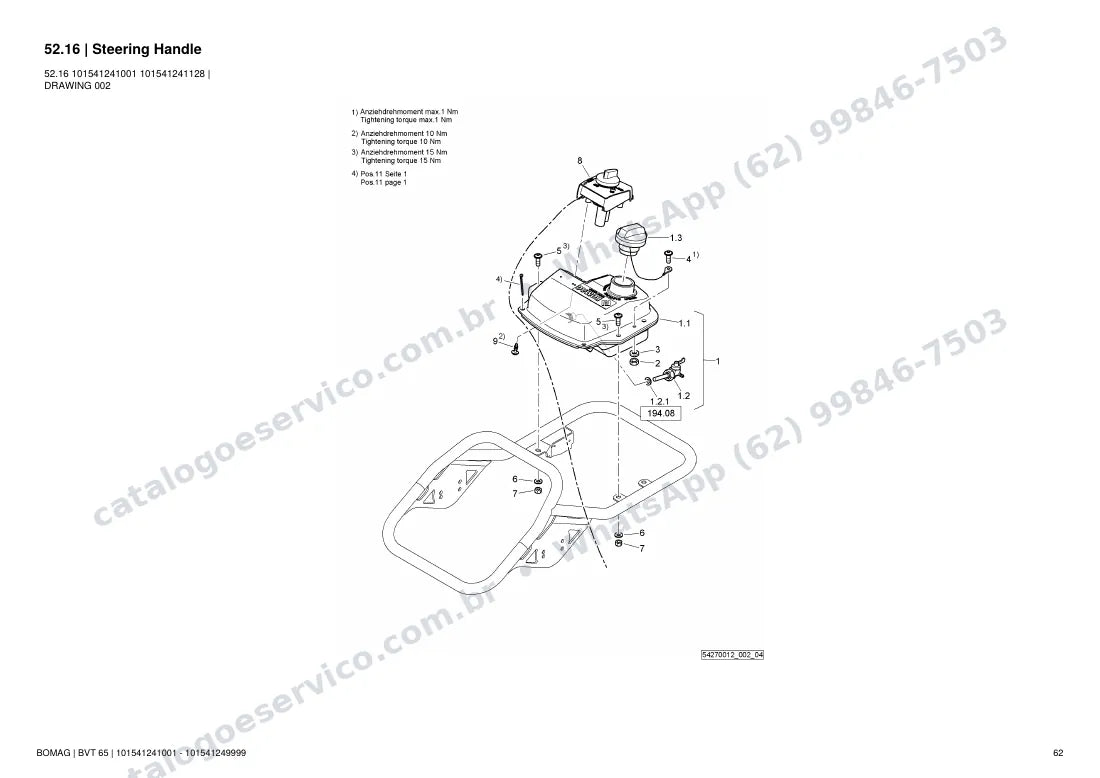 Catálogo de peças Bomag BVT 65: vista explodida do conjunto 52.16 Steering Handle