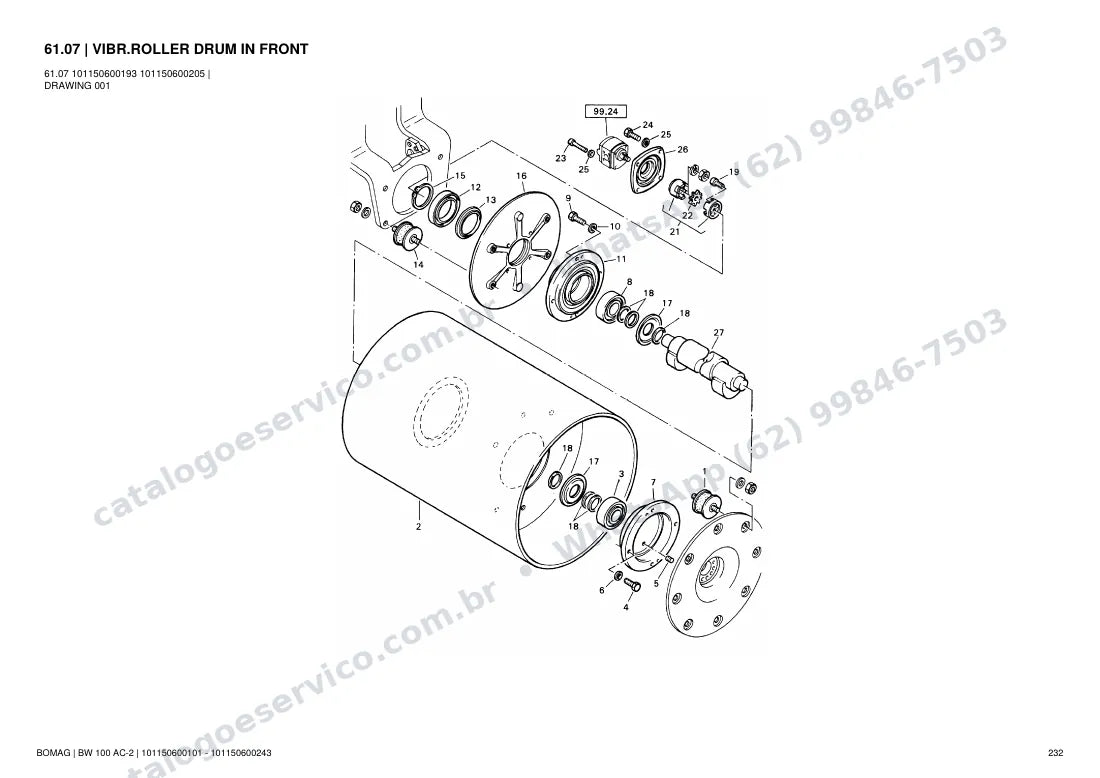 Catálogo de peças Bomag BW 100 AC-2: vista explodida do conjunto 61.07 VIBR.ROLLER DRUM IN FRONT