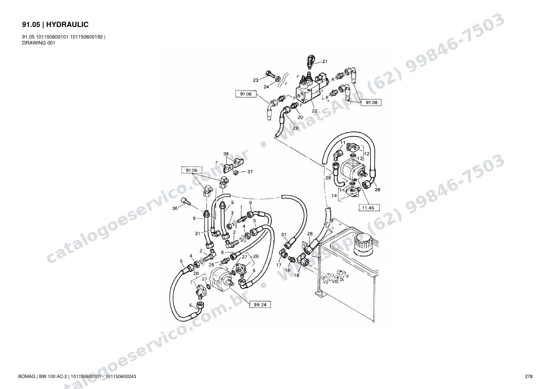 Catálogo de peças Bomag BW 100 AC-2: vista explodida do conjunto 91.05 HYDRAULIC