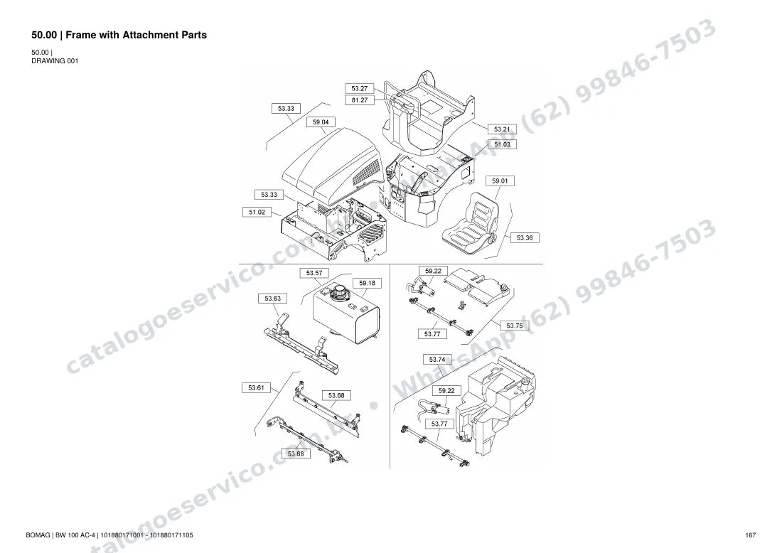 Catálogo de peças Bomag BW 100 AC-4: vista explodida do conjunto 50.00 Frame with Attachment Parts