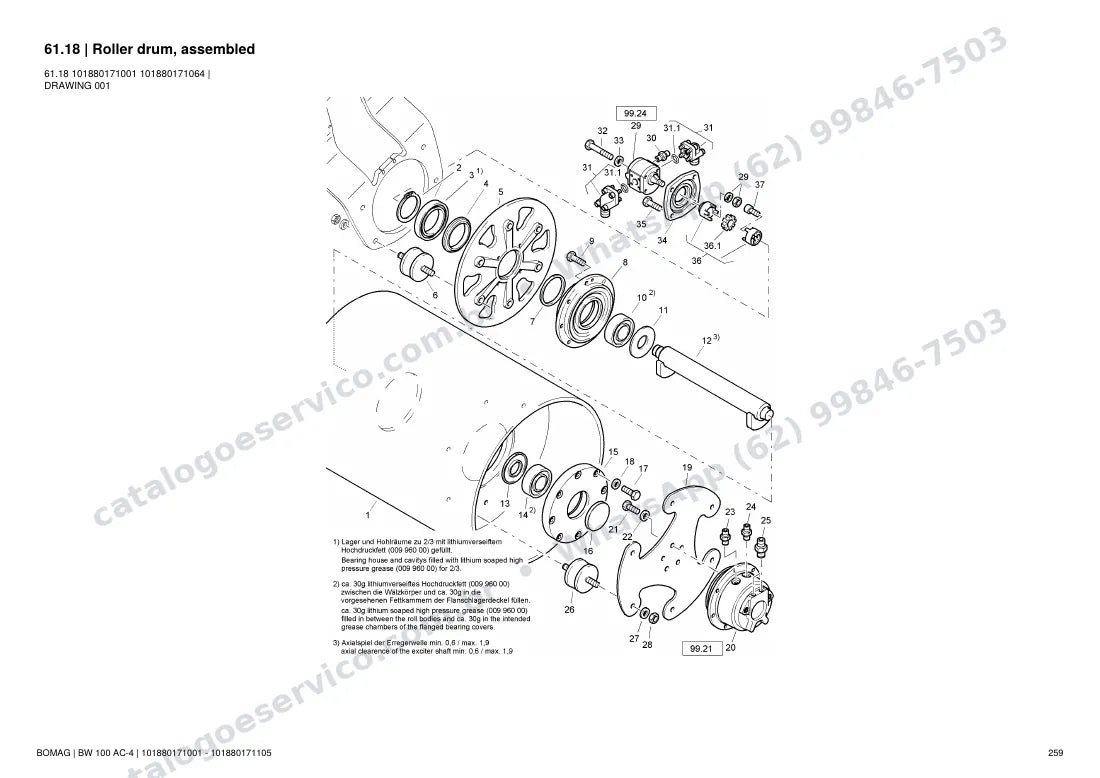 Catálogo de peças Bomag BW 100 AC-4: vista explodida do conjunto 61.18 Roller drum, assembled
