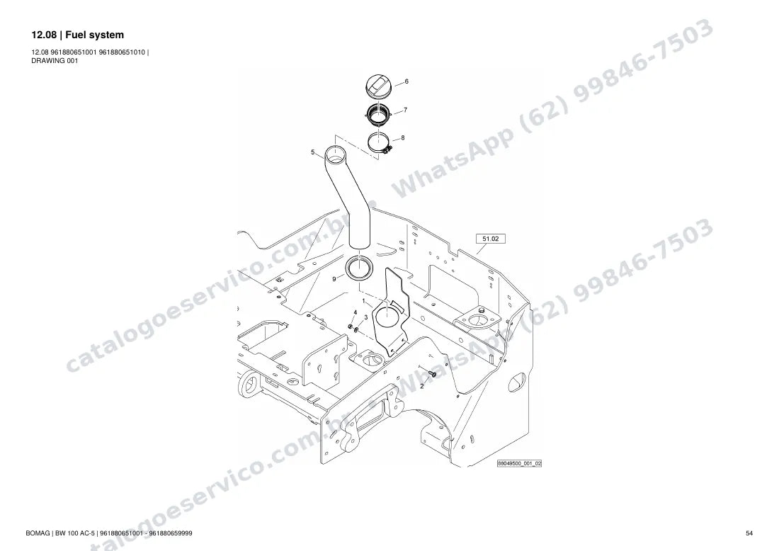 Catálogo de peças Bomag BW 100 AC-5: vista explodida do conjunto 12.08 Fuel system