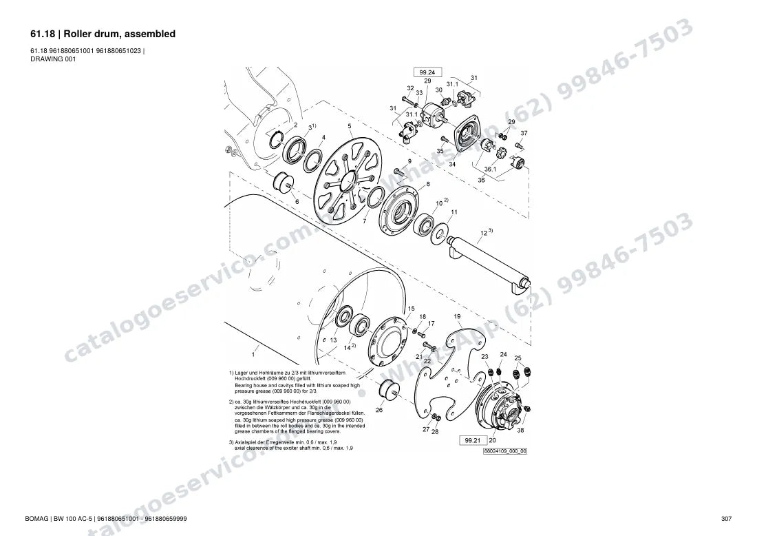 Catálogo de peças Bomag BW 100 AC-5: vista explodida do conjunto 61.18 Roller drum, assembled