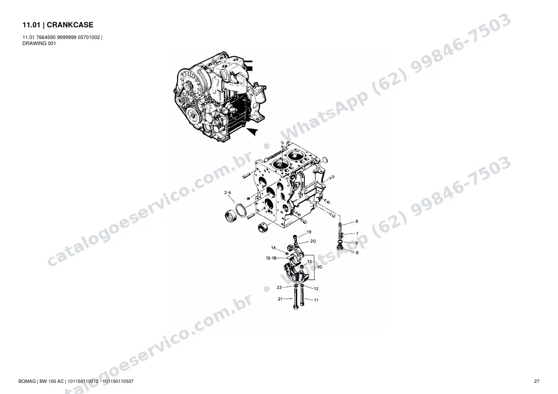 Catálogo de peças Bomag BW 100 AC: vista explodida do conjunto 11.01 CRANKCASE