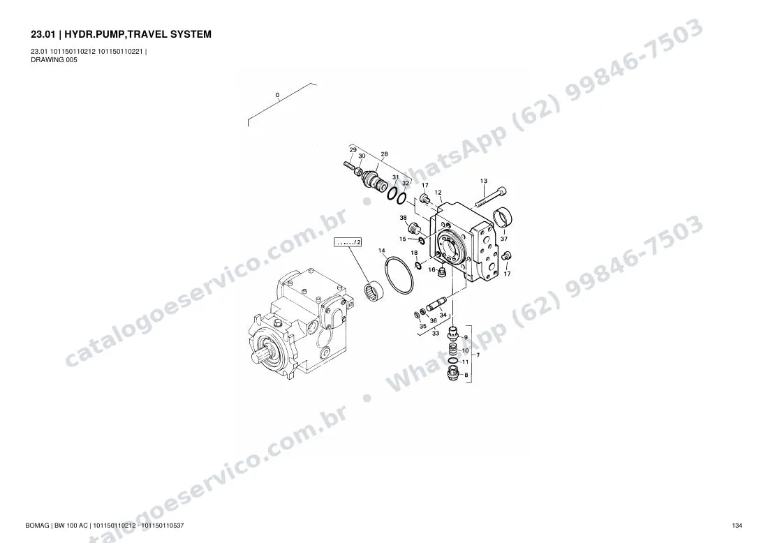 Catálogo de peças Bomag BW 100 AC: vista explodida do conjunto 23.01 HYDR.PUMP,TRAVEL SYSTEM