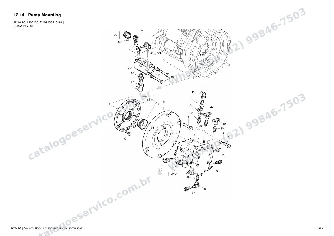 Catálogo de peças Bomag BW 100 AD-3: vista explodida do conjunto 12.14 Pump Mounting