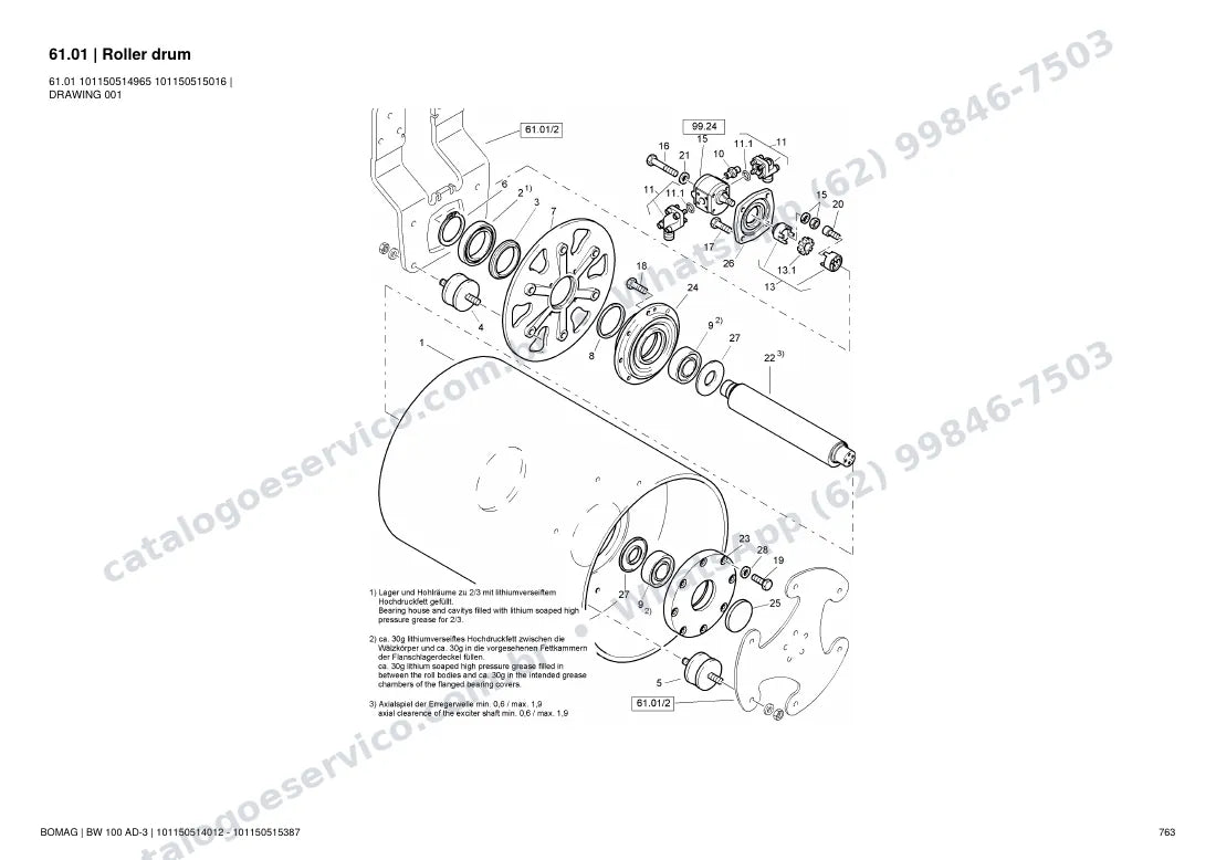 Catálogo de peças Bomag BW 100 AD-3: vista explodida do conjunto 61.01 Roller drum
