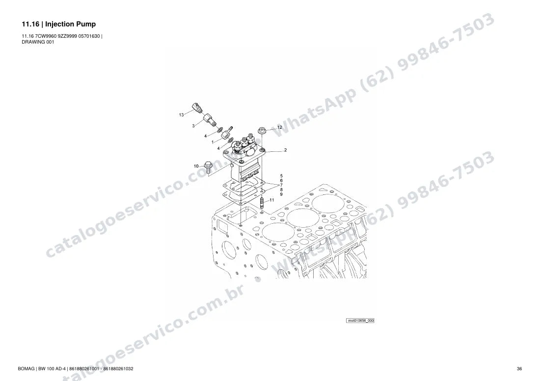 Catálogo de peças Bomag BW 100 AD-4: vista explodida do conjunto 11.16 Injection Pump
