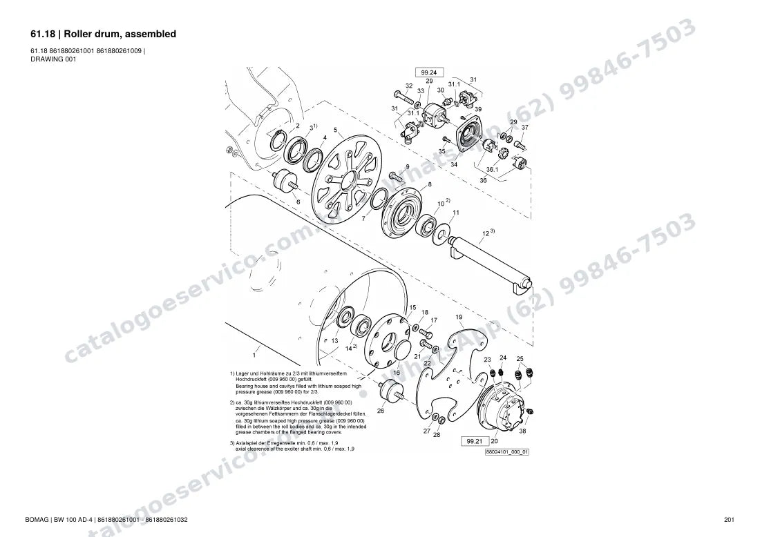 Catálogo de peças Bomag BW 100 AD-4: vista explodida do conjunto 61.18 Roller drum, assembled