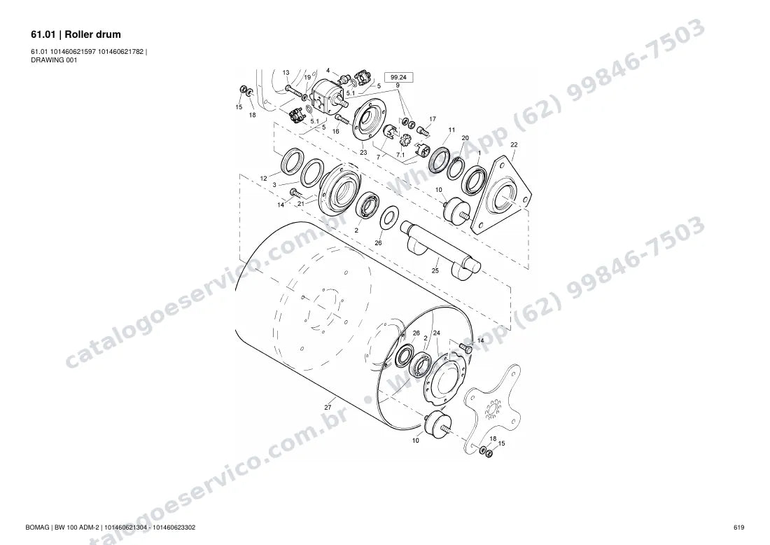 Catálogo de peças Bomag BW 100 ADM-2: vista explodida do conjunto 61.01 Roller drum