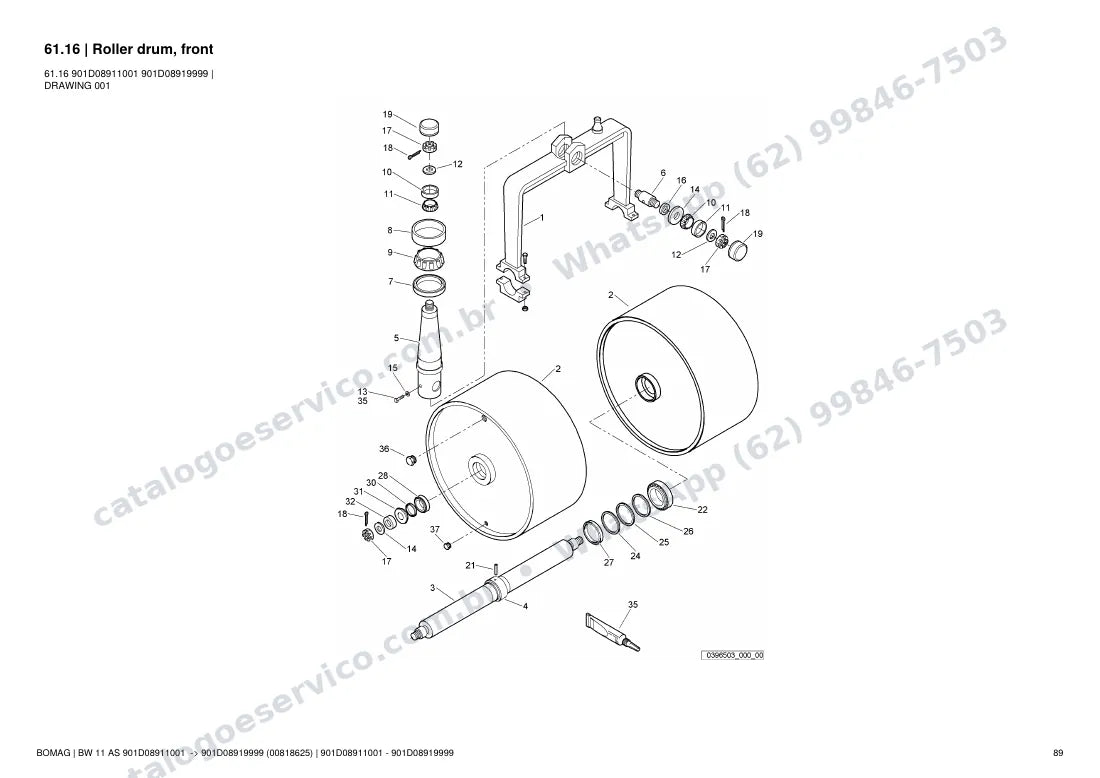Catálogo de peças Bomag BW 11 AS: vista explodida do conjunto 61.16 Roller drum, front