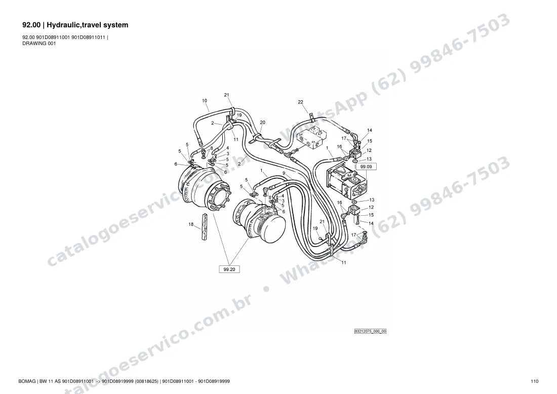 Catálogo de peças Bomag BW 11 AS: vista explodida do conjunto 92.00 Hydraulic,travel system