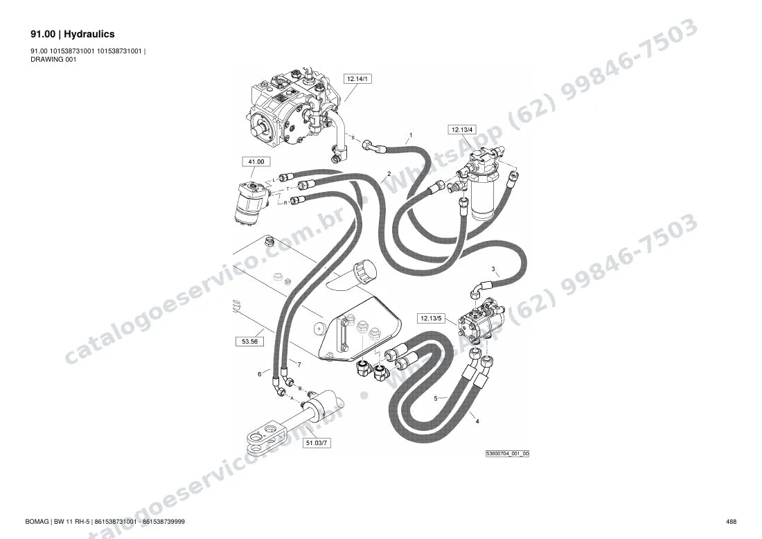 Catálogo de peças Bomag BW 11 RH-5: vista explodida do conjunto 91.00 Hydraulics