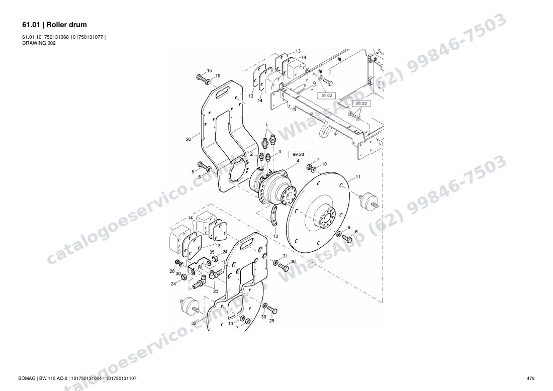 Catálogo de peças Bomag BW 115 AC-2: vista explodida do conjunto 61.01 Roller drum