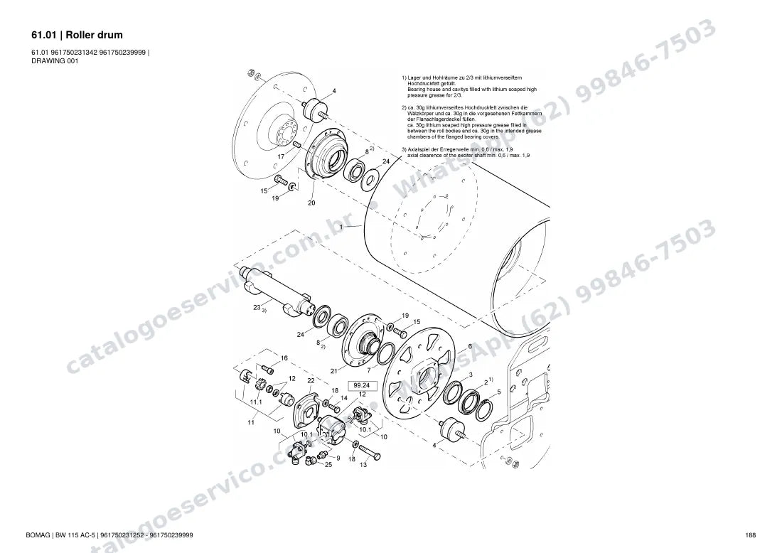 Catálogo de peças Bomag BW 115 AC-5: vista explodida do conjunto 61.01 Roller drum