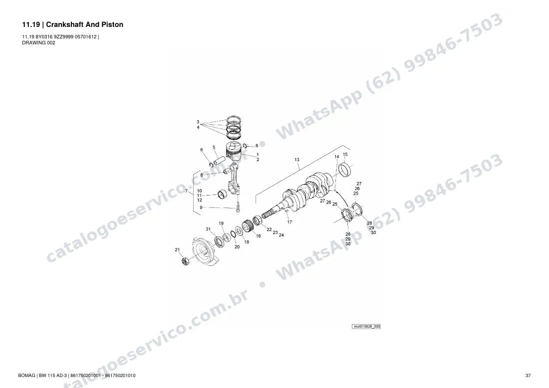 Catálogo de peças Bomag BW 115 AD-3: vista explodida do conjunto 11.19 Crankshaft And Piston