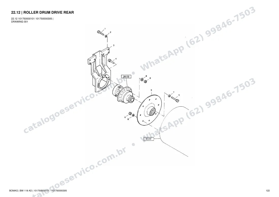 Catálogo de peças Bomag BW 118 AD: vista explodida do conjunto 22.12 ROLLER DRUM DRIVE REAR