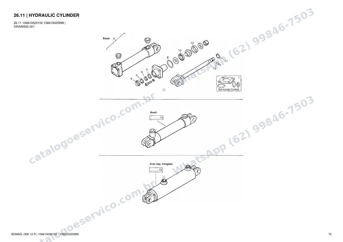 Catálogo de peças Bomag BW 12 R: vista explodida do conjunto 26.11 HYDRAULIC CYLINDER