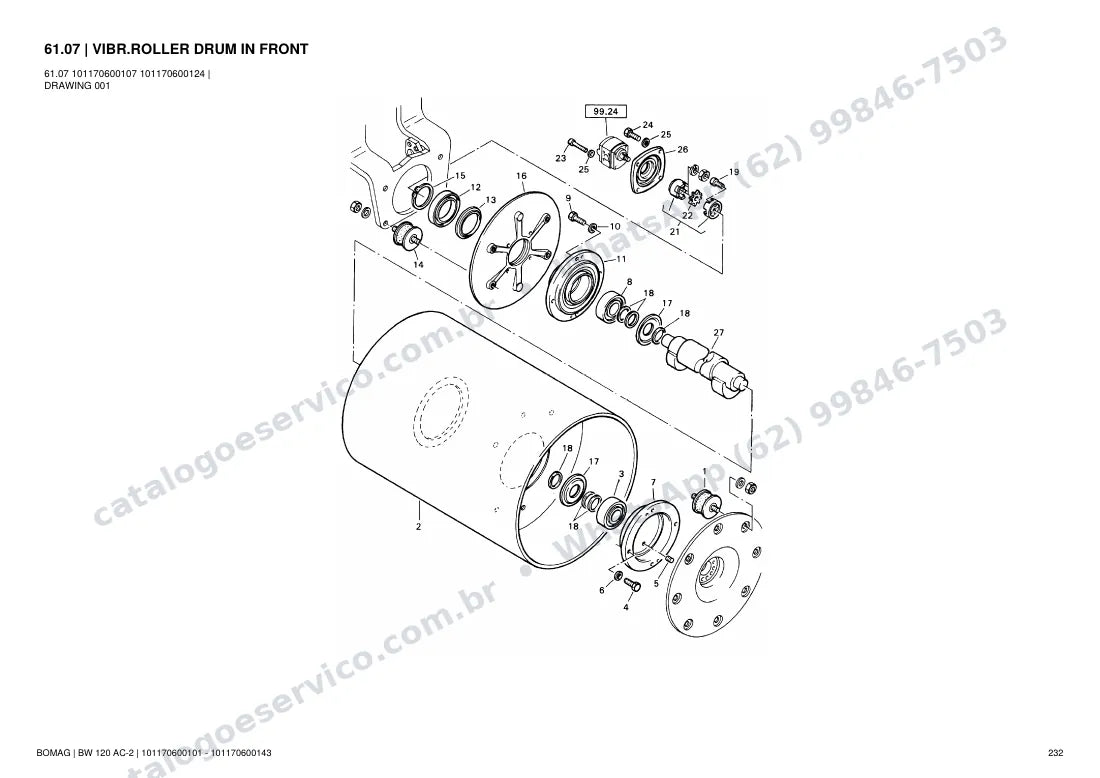 Catálogo de peças Bomag BW 120 AC-2: vista explodida do conjunto 61.07 VIBR.ROLLER DRUM IN FRONT