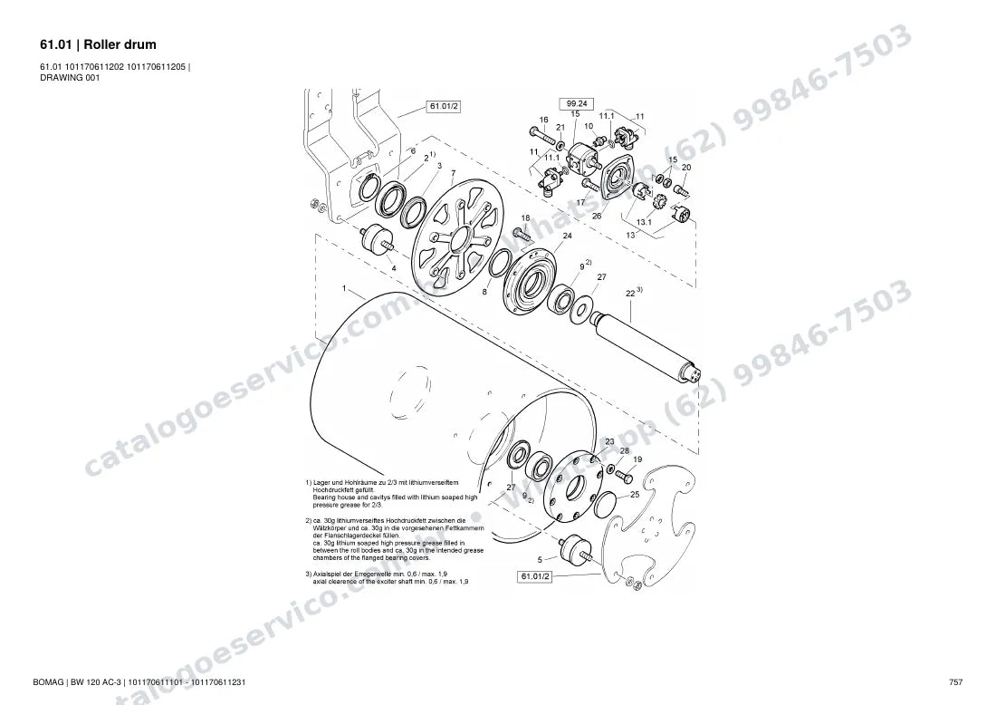 Catálogo de peças Bomag BW 120 AC-3: vista explodida do conjunto 61.01 Roller drum