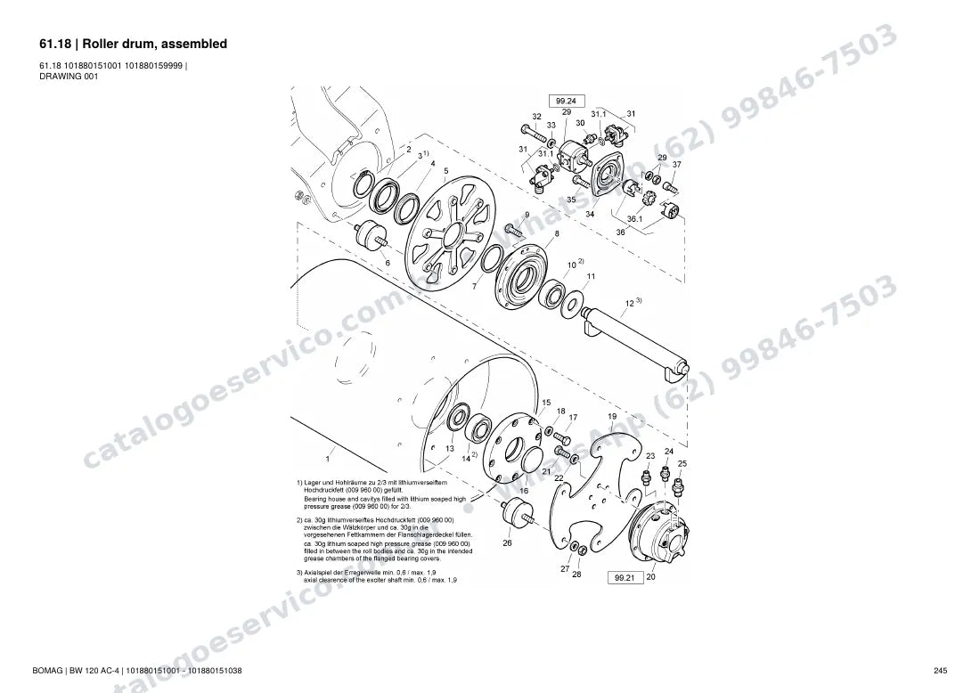 Catálogo de peças Bomag BW 120 AC-4: vista explodida do conjunto 61.18 Roller drum, assembled