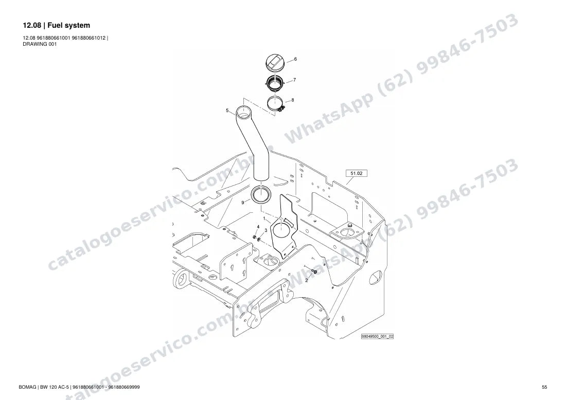 Catálogo de peças Bomag BW 120 AC-5: vista explodida do conjunto 12.08 Fuel system