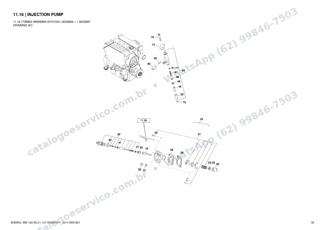 Catálogo de peças Bomag BW 120 AD-2: vista explodida do conjunto 11.16 INJECTION PUMP