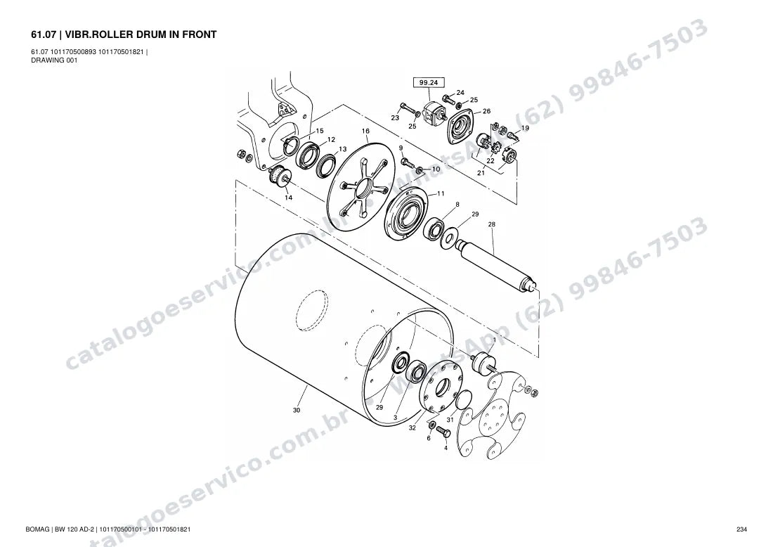 Catálogo de peças Bomag BW 120 AD-2: vista explodida do conjunto 61.07 VIBR.ROLLER DRUM IN FRONT