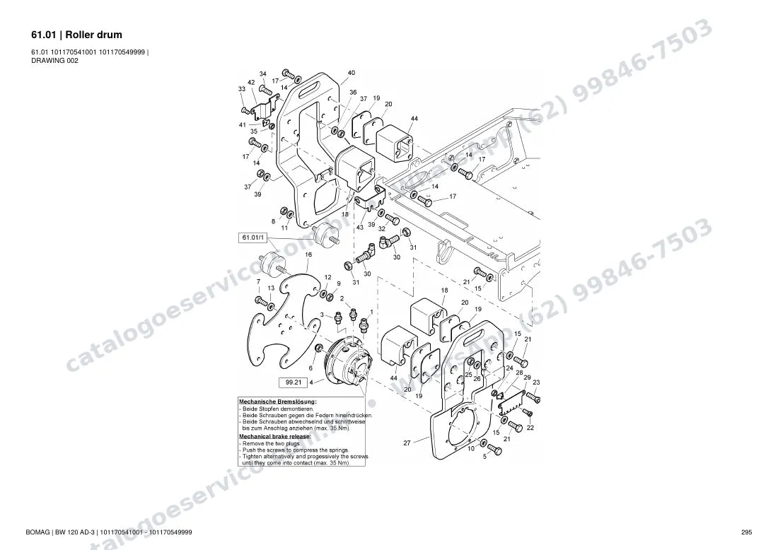 Catálogo de peças Bomag BW 120 AD-3: vista explodida do conjunto 61.01 Roller drum