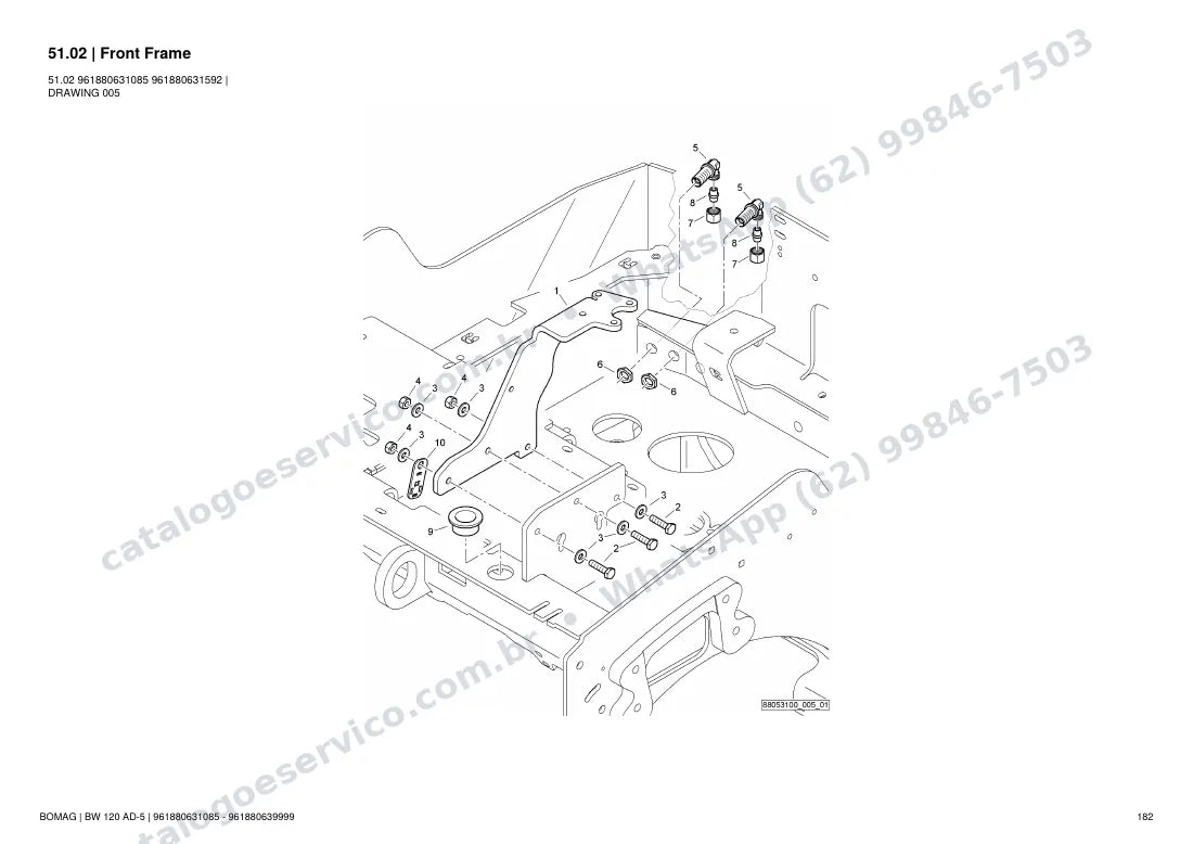 Catálogo de peças Bomag BW 120 AD-5: vista explodida do conjunto 51.02 Front Frame