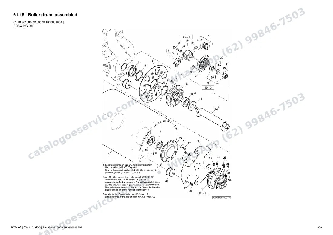Catálogo de peças Bomag BW 120 AD-5: vista explodida do conjunto 61.18 Roller drum, assembled