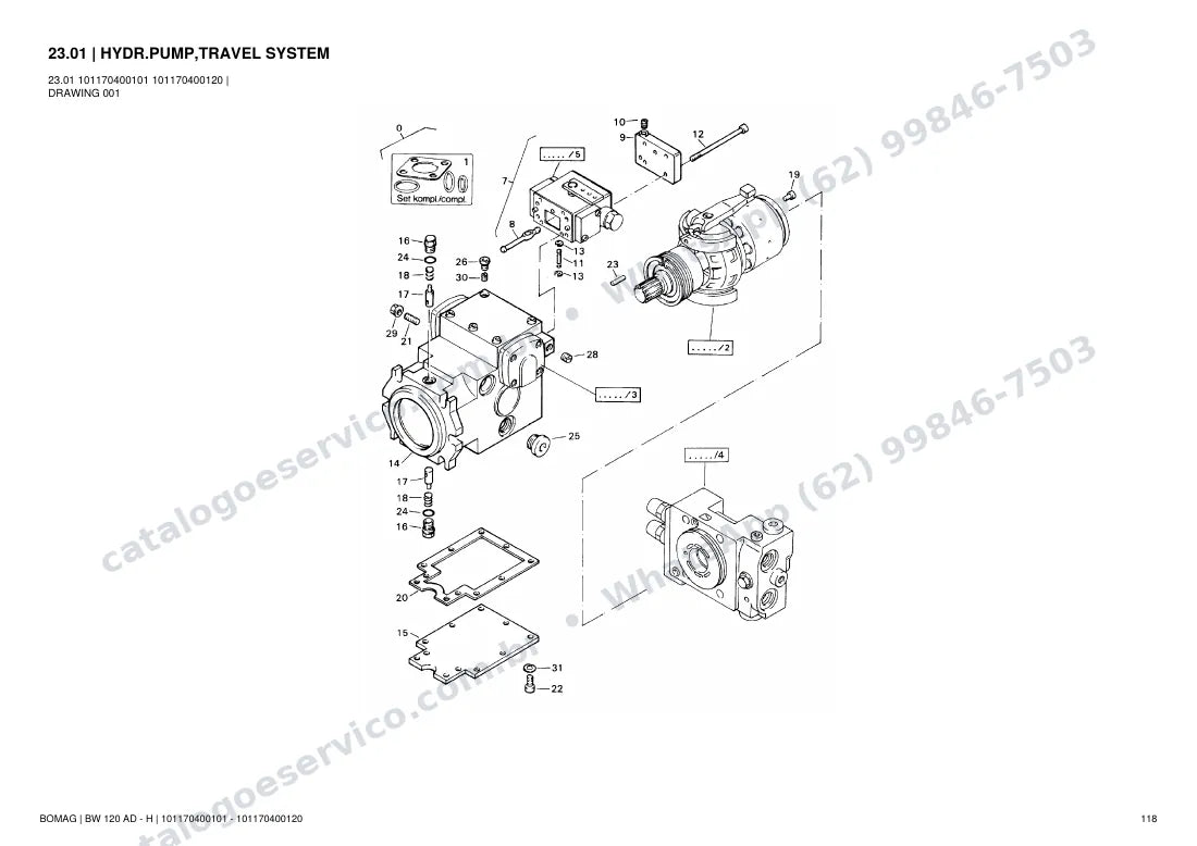 Catálogo de peças Bomag BW 120 AD - H: vista explodida do conjunto 23.01 HYDR.PUMP,TRAVEL SYSTEM