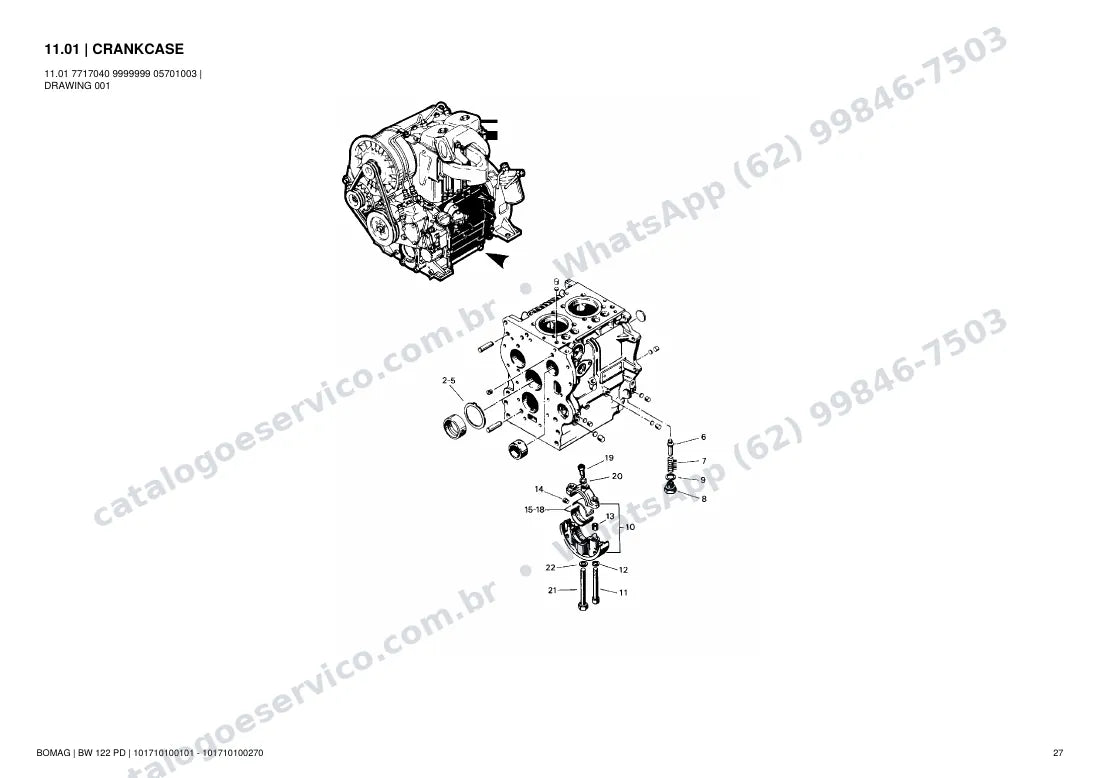 Catálogo de peças Bomag BW 122 PD: vista explodida do conjunto 11.01 CRANKCASE