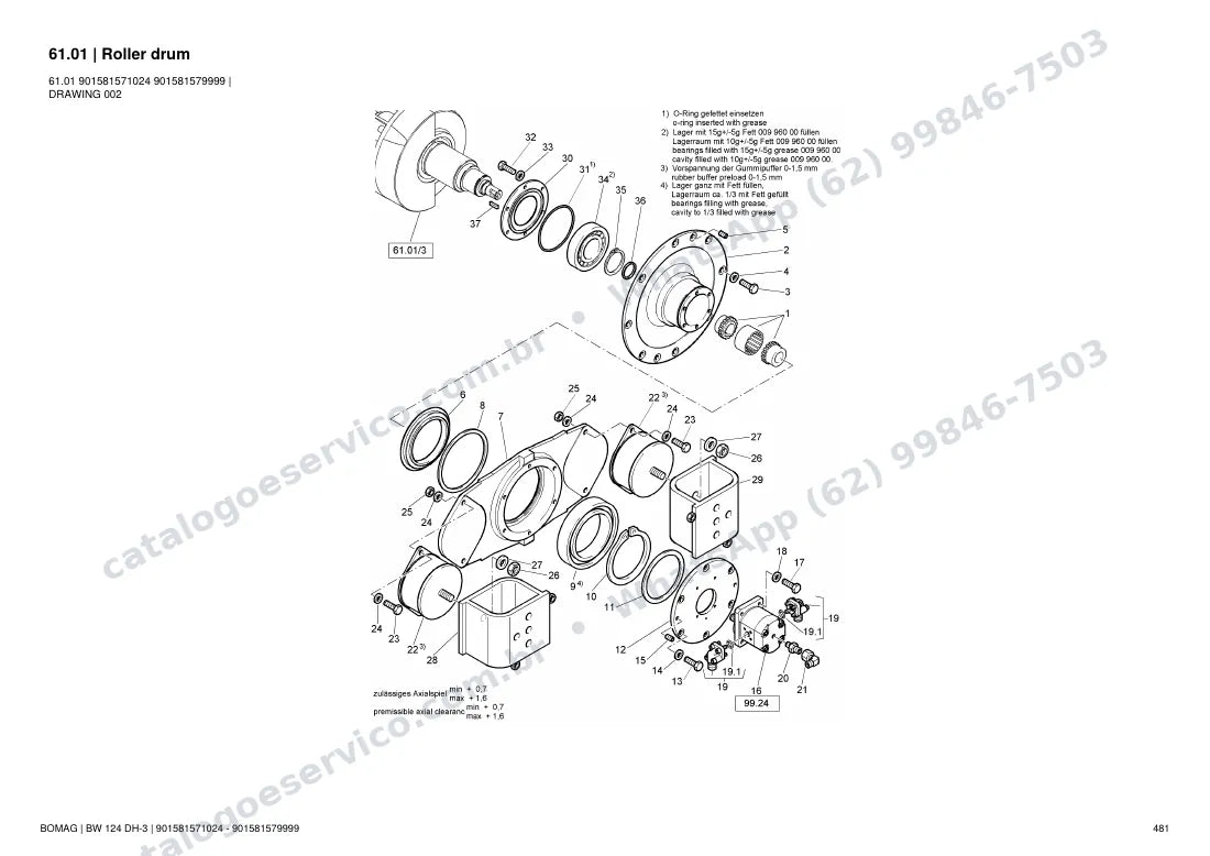 Catálogo de peças Bomag BW 124 DH-3: vista explodida do conjunto 61.01 Roller drum