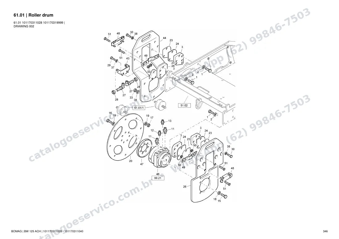 Catálogo de peças Bomag BW 125 ACH: vista explodida do conjunto 61.01 Roller drum