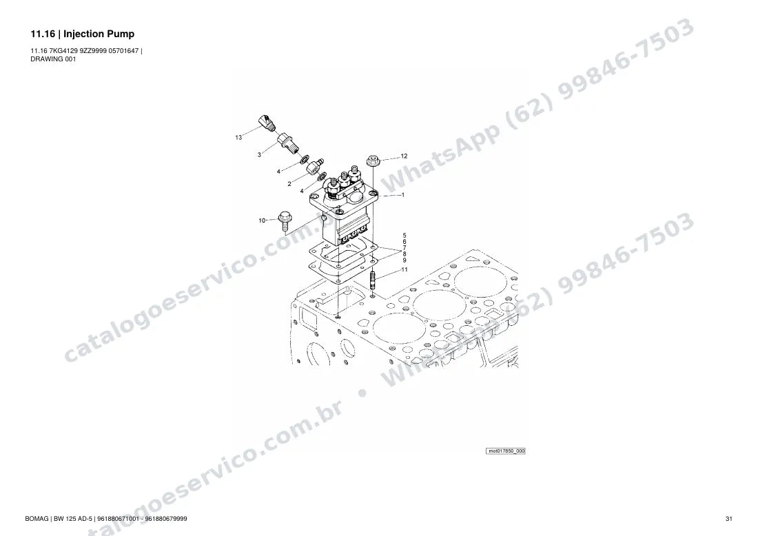 Catálogo de peças Bomag BW 125 AD-5: vista explodida do conjunto 11.16 Injection Pump