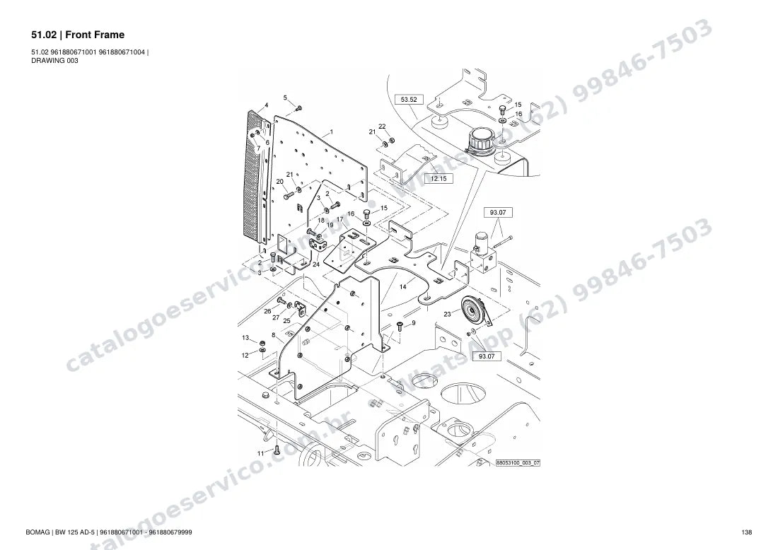 Catálogo de peças Bomag BW 125 AD-5: vista explodida do conjunto 51.02 Front Frame