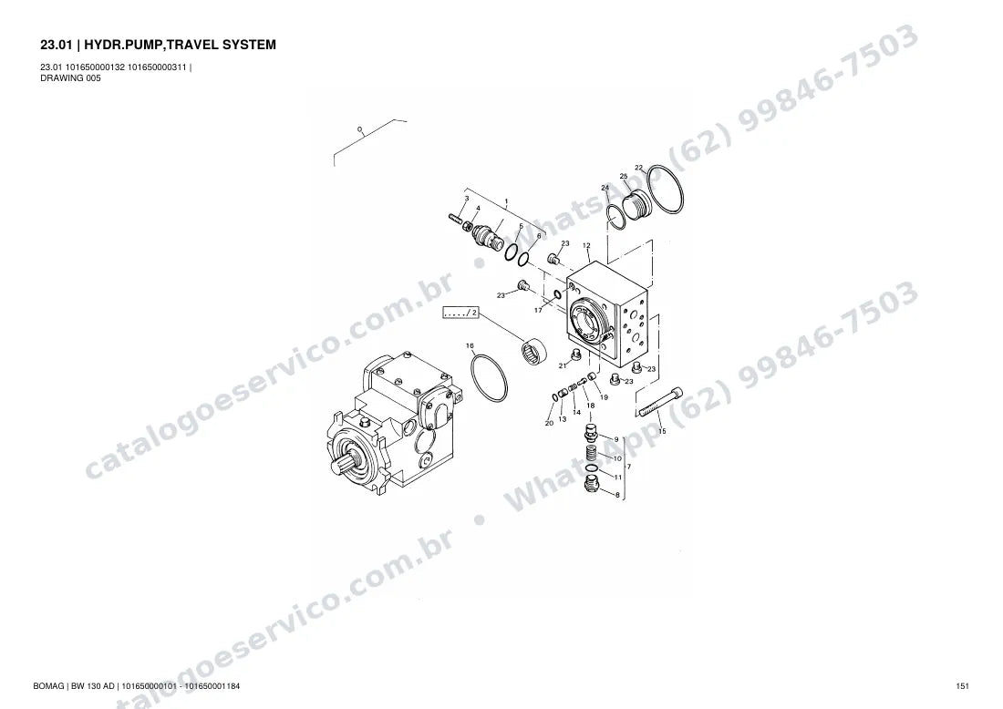 Catálogo de peças Bomag BW 130 AD: vista explodida do conjunto 23.01 HYDR.PUMP,TRAVEL SYSTEM